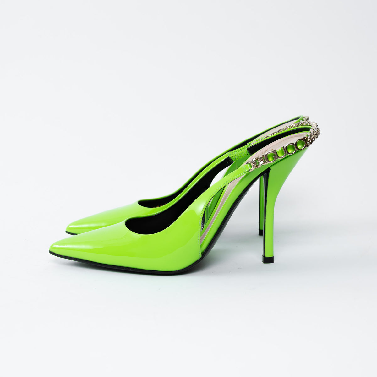 Gucci Neon Green Slingback Heels with Chain Detail Size 36.5