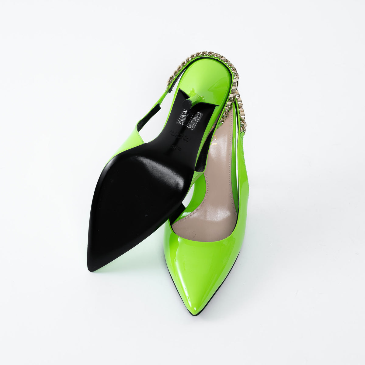 Gucci Neon Green Slingback Heels with Chain Detail Size 36.5
