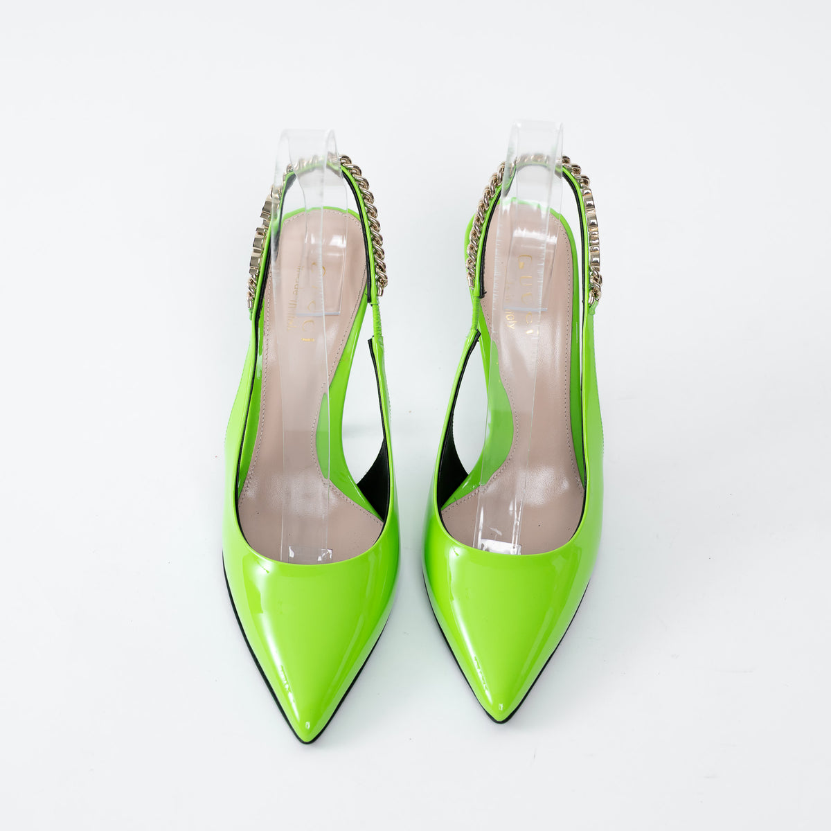 Gucci Neon Green Slingback Heels with Chain Detail Size 36.5