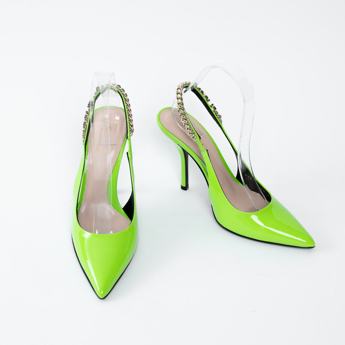 Gucci Neon Green Slingback Heels with Chain Detail Size 36.5
