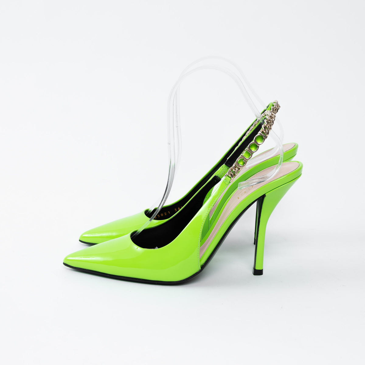 Gucci Neon Green Slingback Heels with Chain Detail Size 36.5