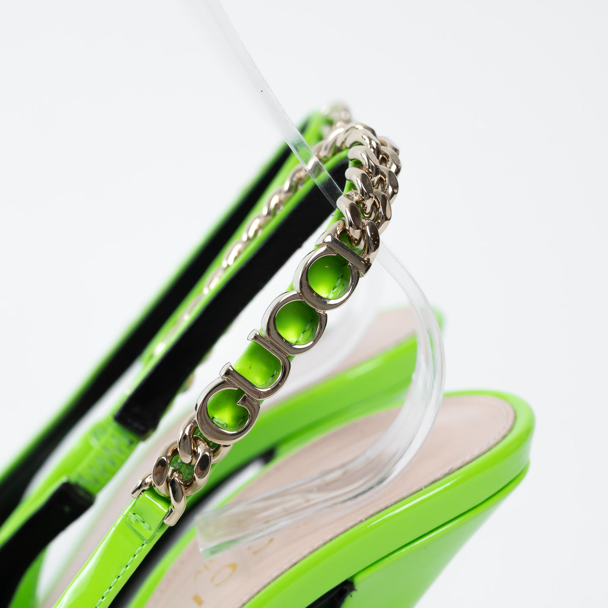 Gucci Neon Green Slingback Heels with Chain Detail Size 36.5