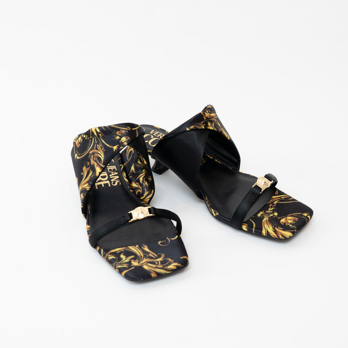 Versace Black and Gold Satin Regalia Baroque Foulard Sandals