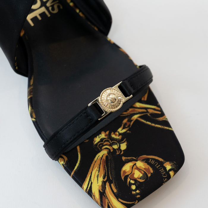 Versace Black and Gold Satin Regalia Baroque Foulard Sandals Size 38