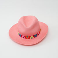 Valentino pink straw fedora hat with colorful geometric V-pattern band