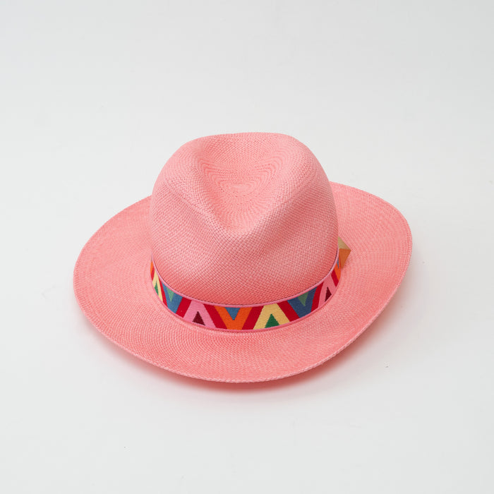 Valentino pink straw fedora hat with colorful geometric V-pattern band