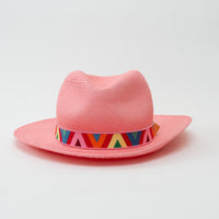 Valentino Pink Woven Straw Geometric Band Optical V Fedora