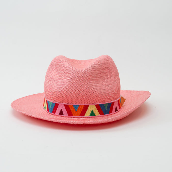 Valentino Pink Woven Straw Geometric Band Optical V Fedora