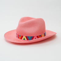 Valentino pink straw fedora hat with colorful geometric V-pattern band and gold stud