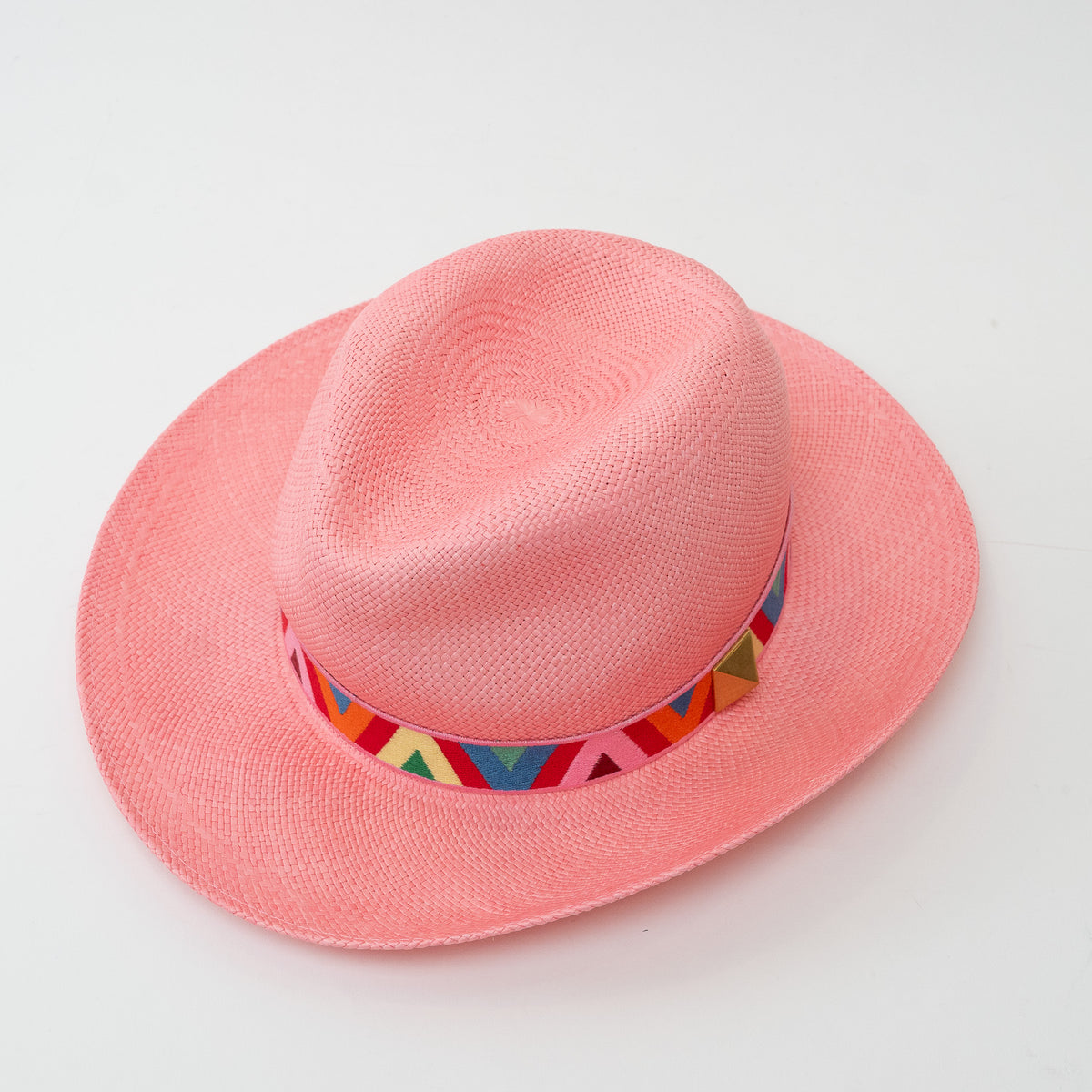 Valentino Pink Woven Straw Geometric Band Optical V Fedora