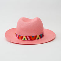 Valentino Pink Woven Straw Geometric Band Optical V Fedora