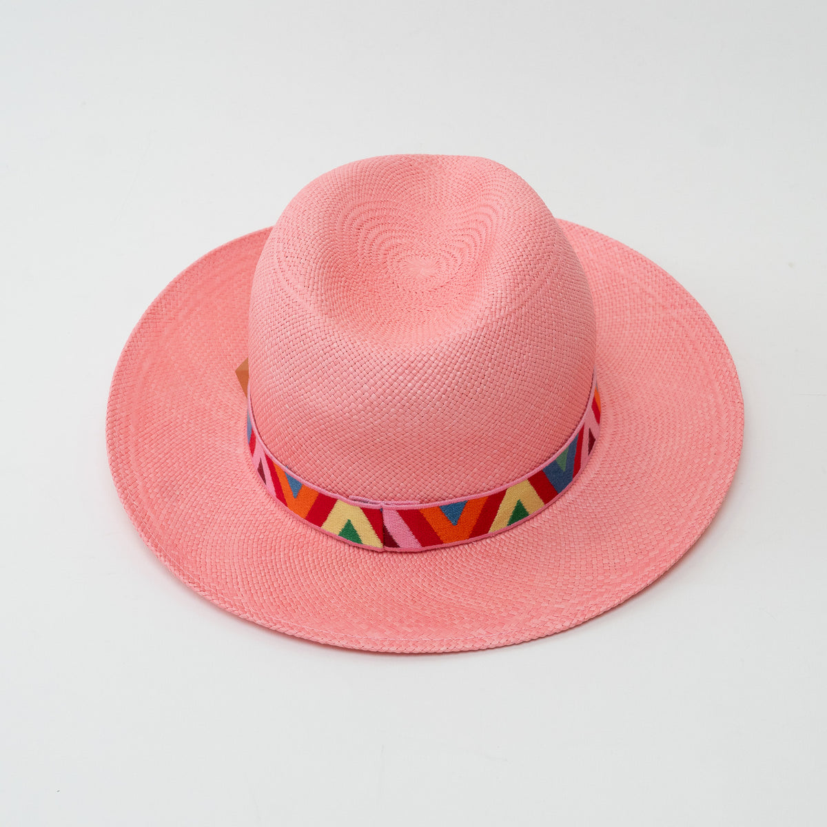 Valentino Pink Woven Straw Geometric Band Optical V Fedora