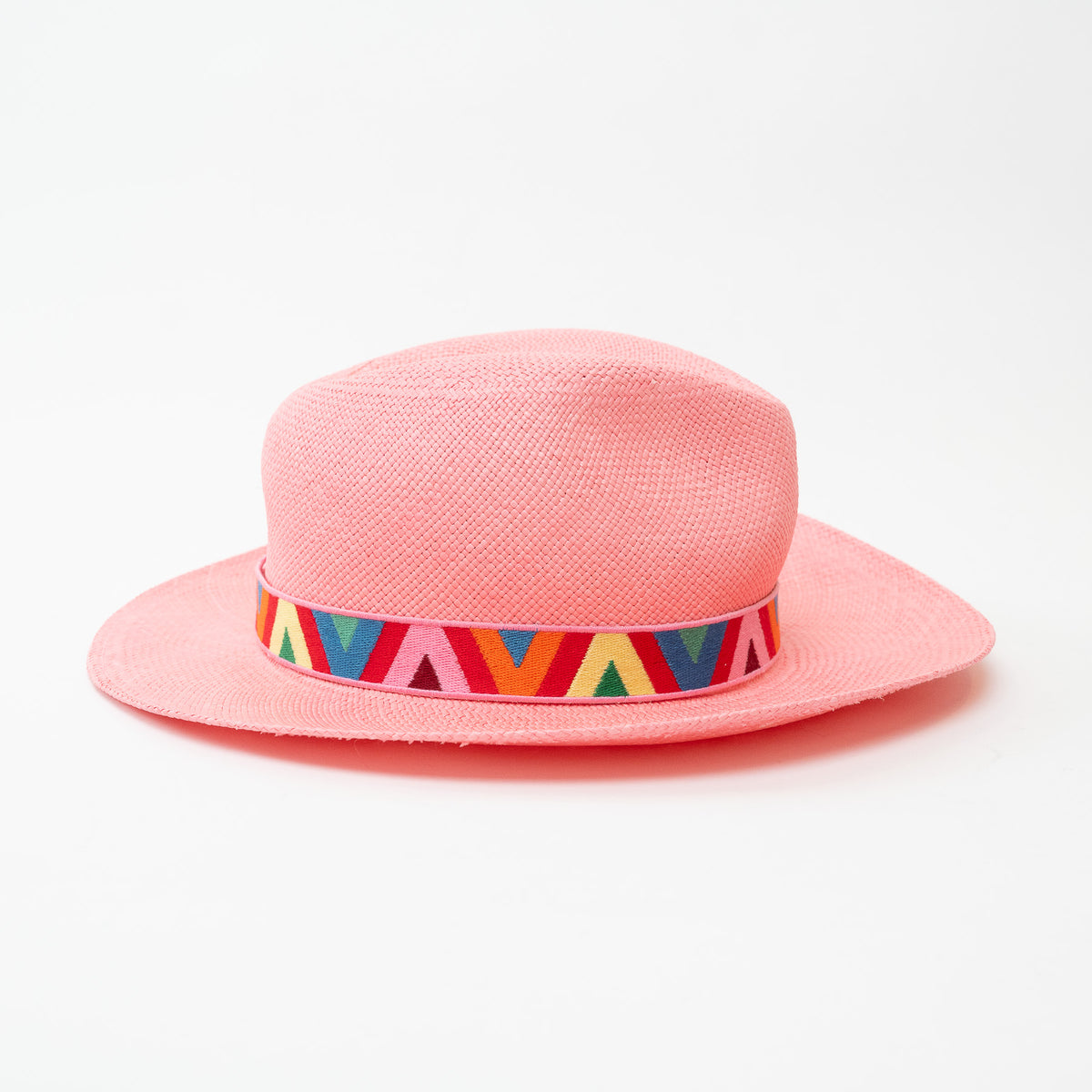Valentino Pink Woven Straw Geometric Band Optical V Fedora