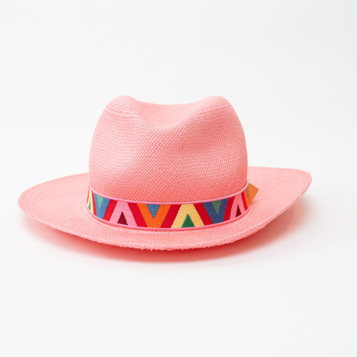 Valentino Pink Woven Straw Geometric Band Optical V Fedora