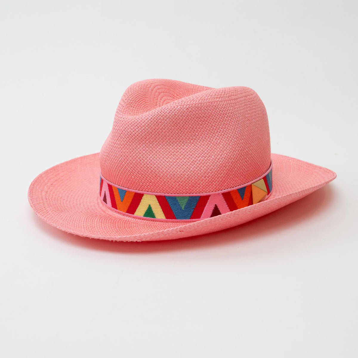 Valentino Pink Woven Straw Geometric Band Optical V Fedora