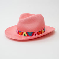 Valentino Pink Woven Straw Geometric Band Optical V Fedora