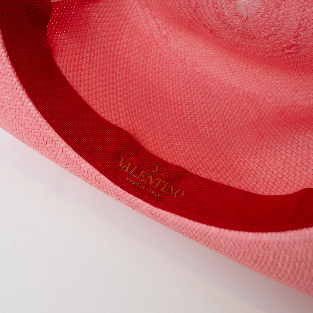 Valentino Pink Woven Straw Geometric Band Optical V Fedora