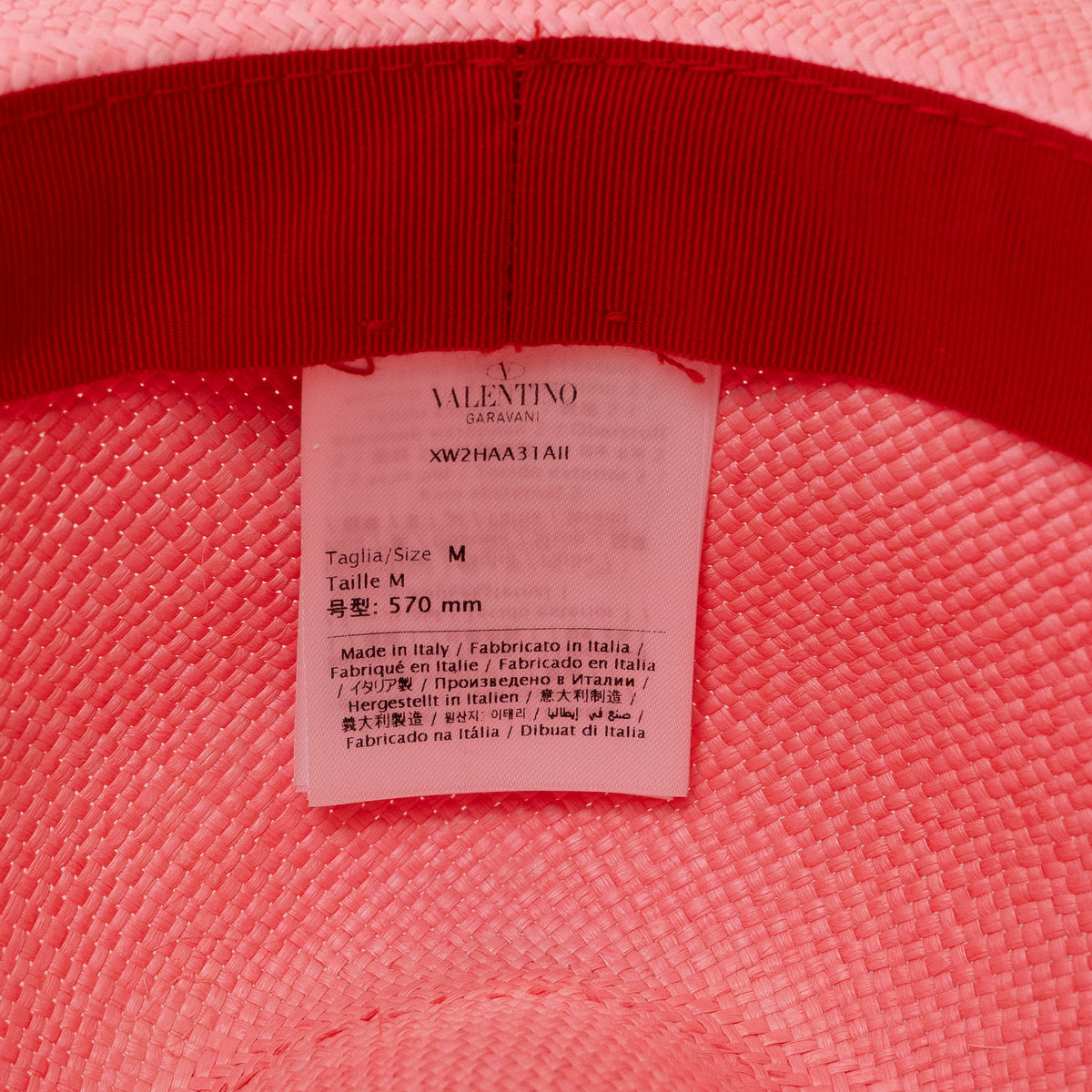 Valentino Pink Woven Straw Geometric Band Optical V Fedora