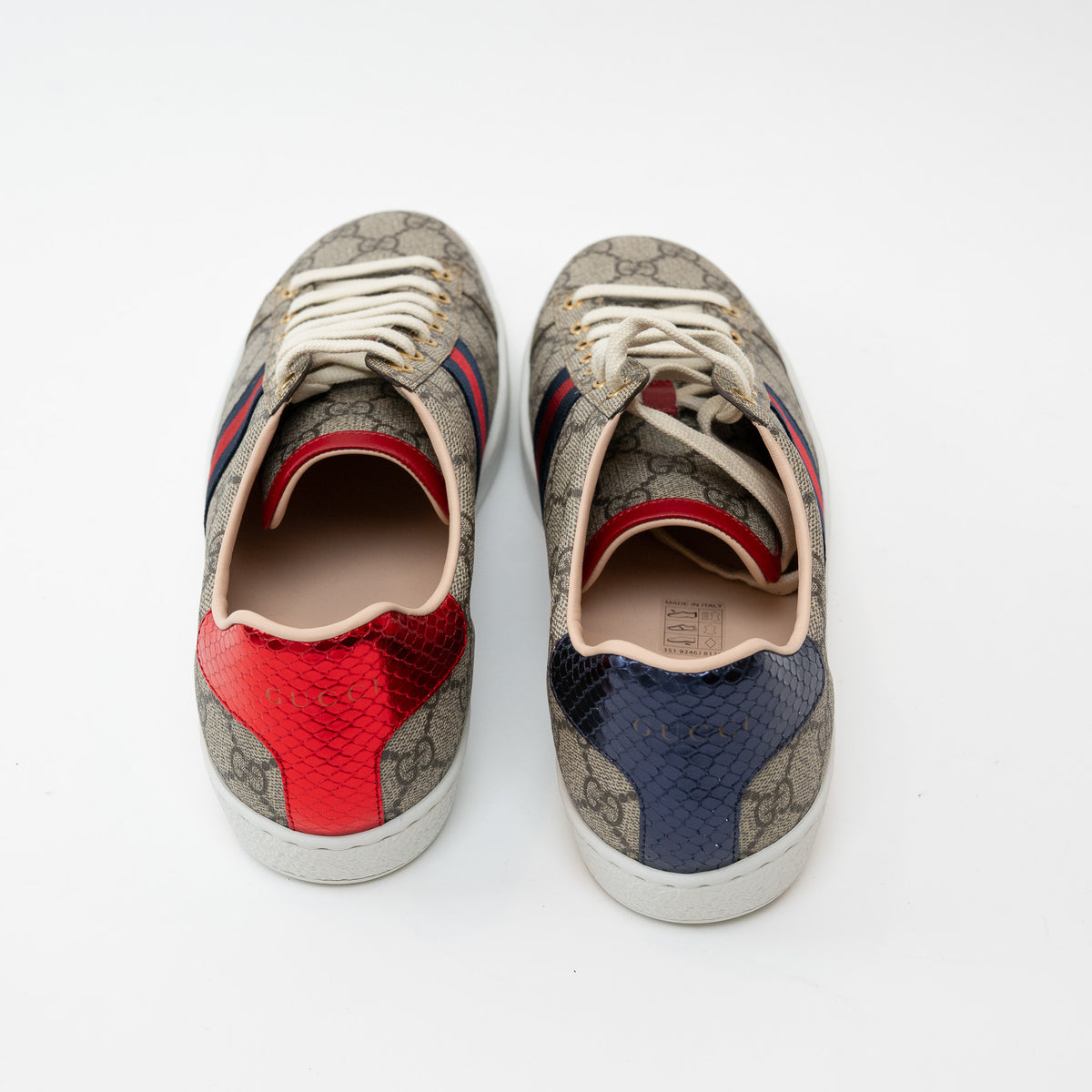 Gucci Ace Sneakers in GG supreme canvas with red and blue embossed leather heels