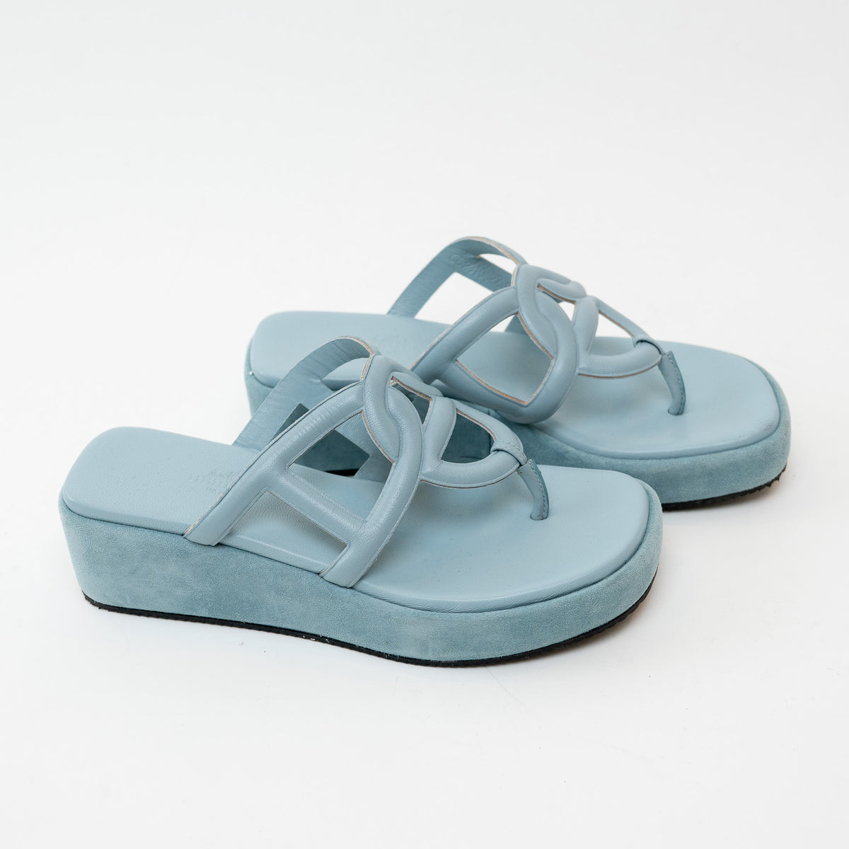 Hermes Gypsy Sandals in Veil D'eau Light Blue with Chain Motif