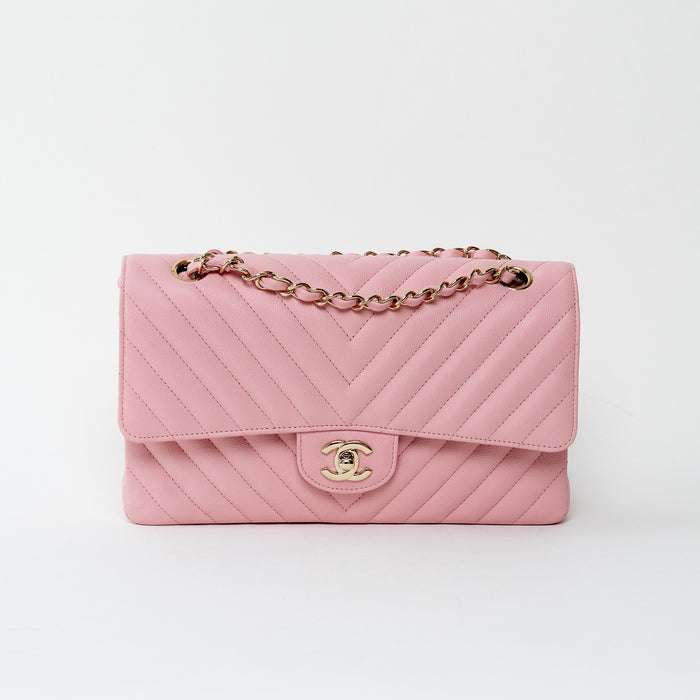 Pre-Loved Chanel™ Pink Caviar Leather Chevron Medium Size Double Flap Bag