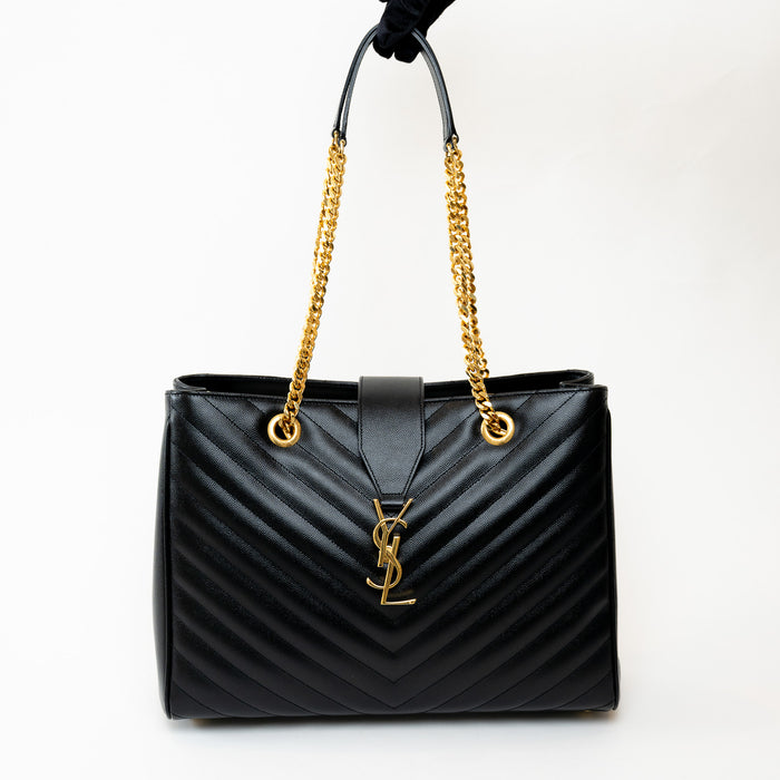 Saint Laurent Black Grain De Poudre Leather Matelasse Chevron Tote