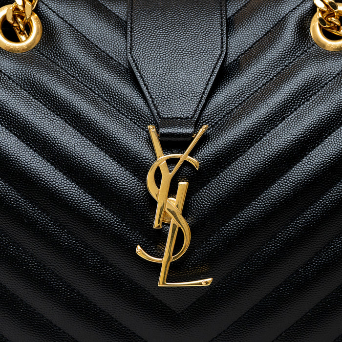 Saint Laurent Black Grain De Poudre Leather Matelasse Chevron Tote
