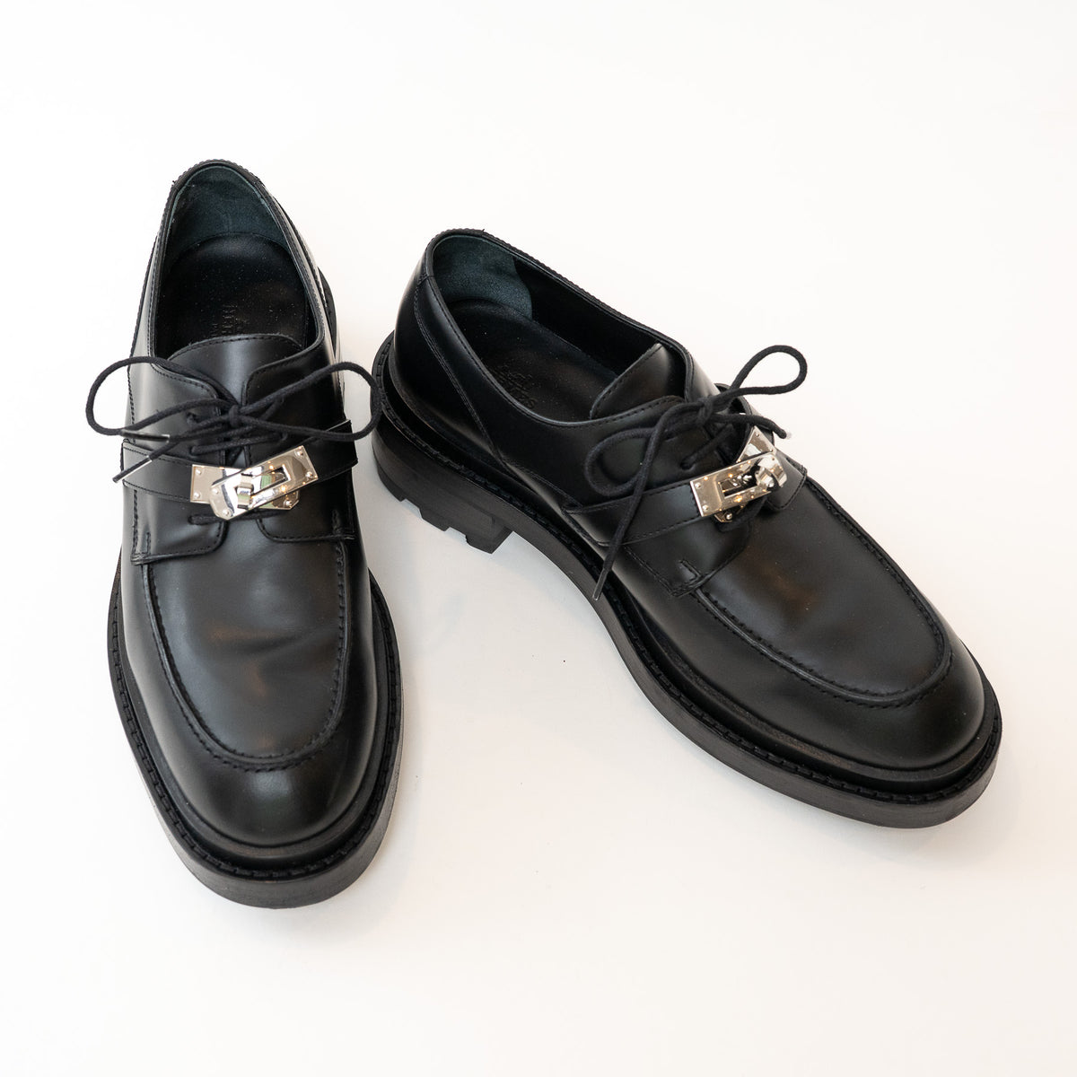 Hermes Black Calfskin Leather First Derby Loafers Size 38/40