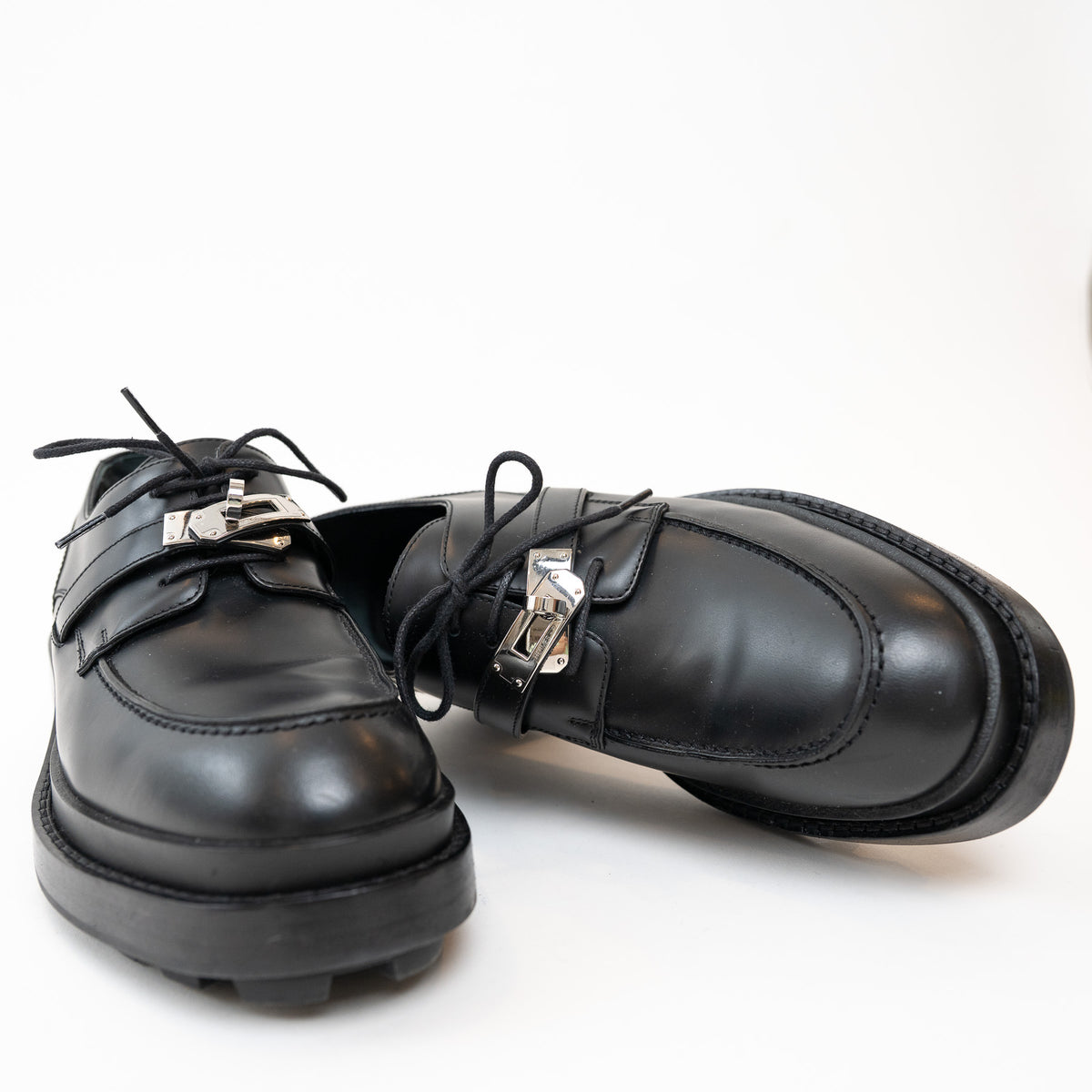 Hermes Black Calfskin Leather First Derby Loafers Size 38/40