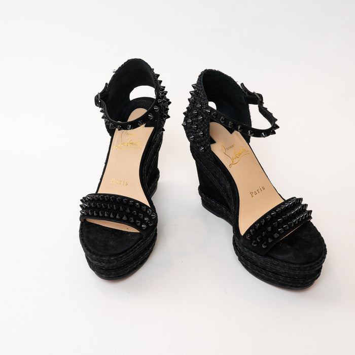 Christian Louboutin Black Suede Studded Woven Fabric Platform Wedge Heels 35