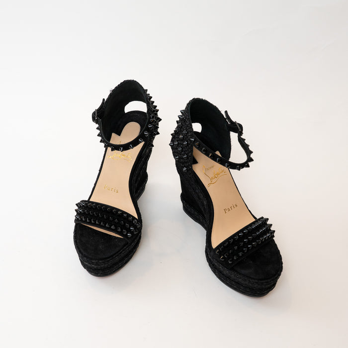 Christian Louboutin Black Suede Studded Woven Fabric Platform Wedge Heels 35