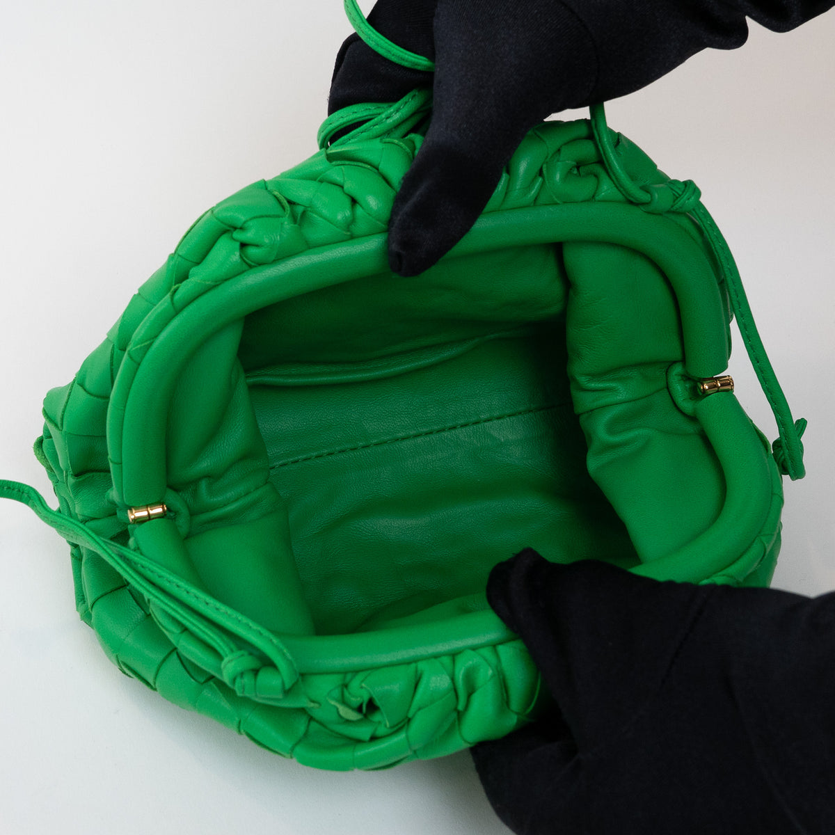 Bottega Veneta Green Calfskin Leather Intrecciato "The Mini Pouch" Clutch