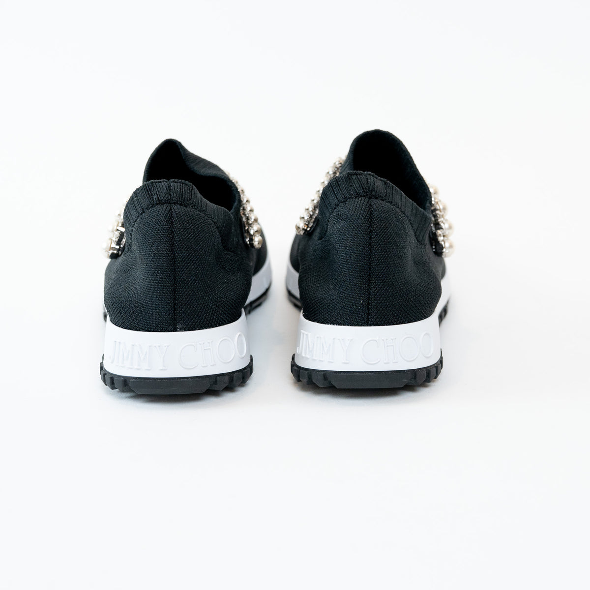 Jimmy Choo Black Knit Verona Crystal and Faux Pearl Detail Sock Sneakers Size 36.5