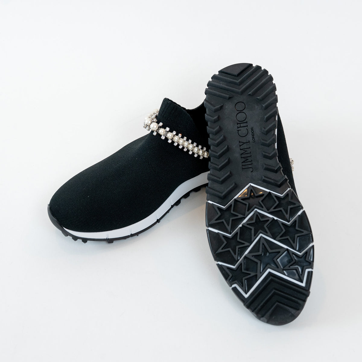 Jimmy Choo Black Knit Verona Crystal and Faux Pearl Detail Sock Sneakers Size 36.5