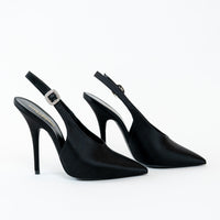Saint Laurent Black high-heeled satin shoes with slingback design on a white background