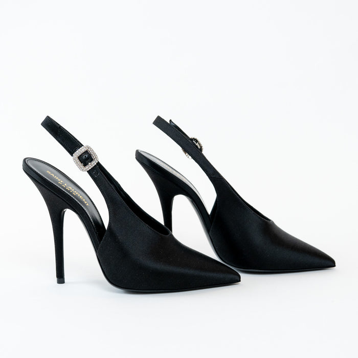 Saint Laurent Black high-heeled satin shoes with slingback design on a white background