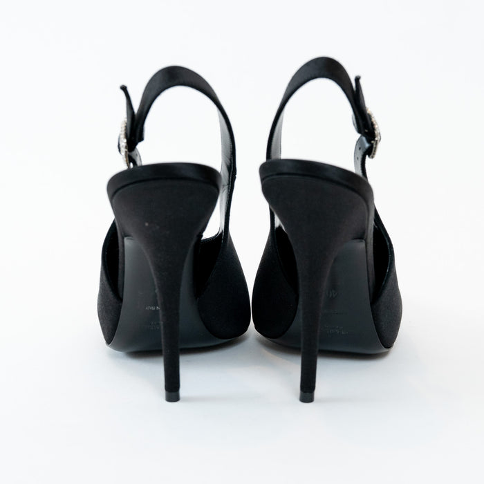 Saint Laurent Black satin high-heeled shoes on a white background