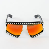 Gucci Black Pearl Embellished GG Square Frame Sunglasses with Orange Lenses
