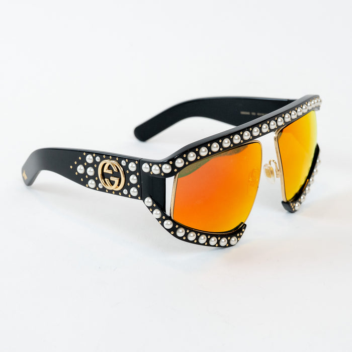 Gucci Black Pearl Embellished GG Square Frame Sunglasses with Orange Lenses
