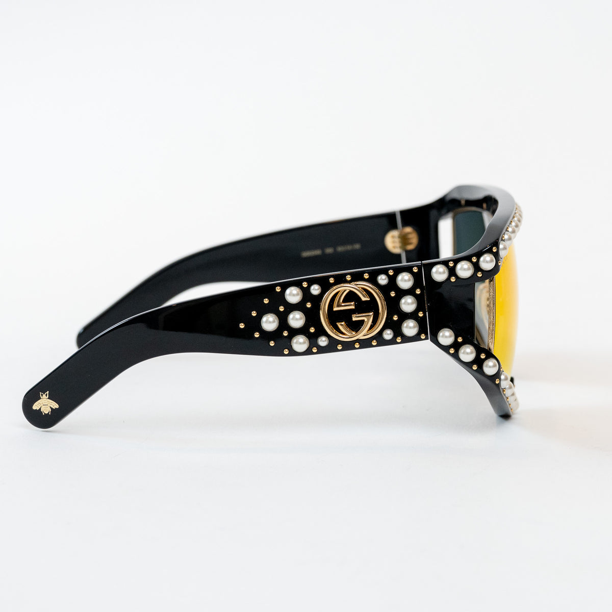 Gucci Black Pearl Embellished GG Square Frame Sunglasses with Orange Lenses