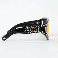 Gucci Black Pearl Embellished GG Square Frame Sunglasses with Orange Lenses
