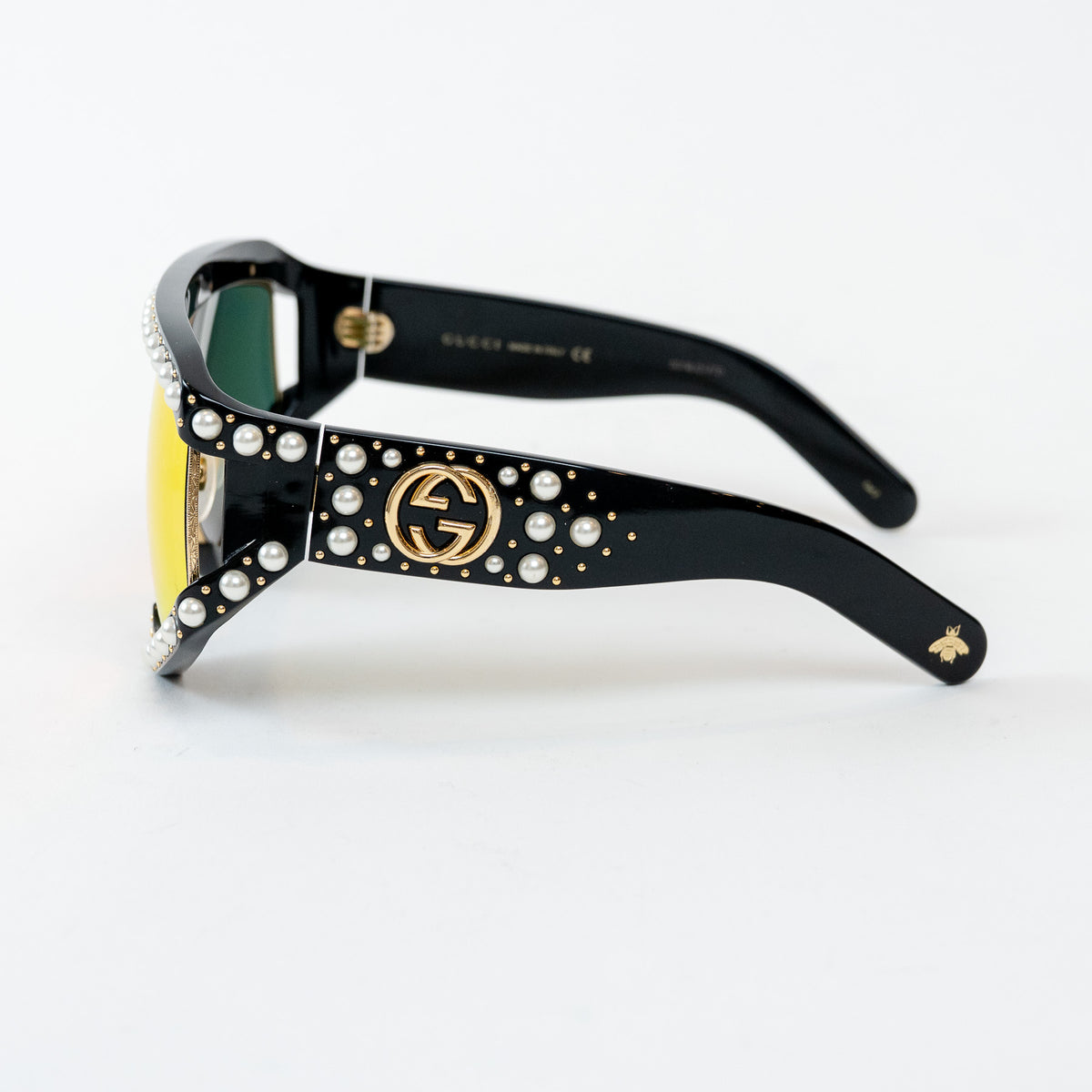 Gucci Black Pearl Embellished GG Square Frame Sunglasses with Orange Lenses