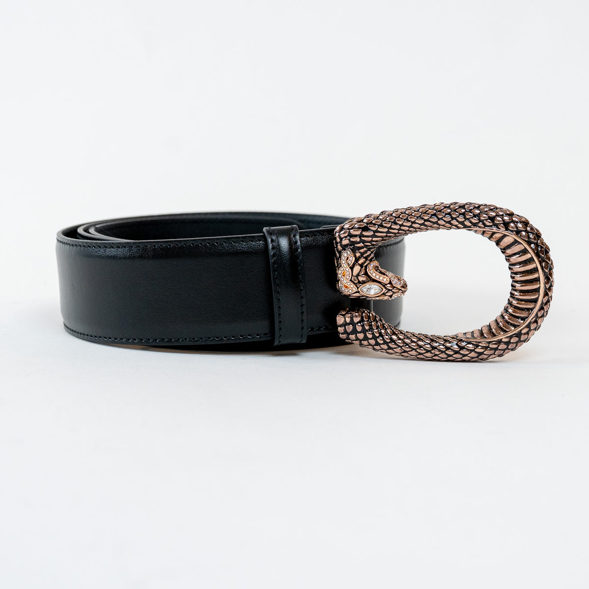 Gucci Black Leather Crystal Embellished Snake Buckle Belt Size 105