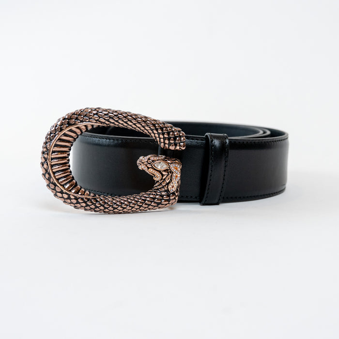 Gucci Black Leather Crystal Embellished Snake Buckle Belt Size 105