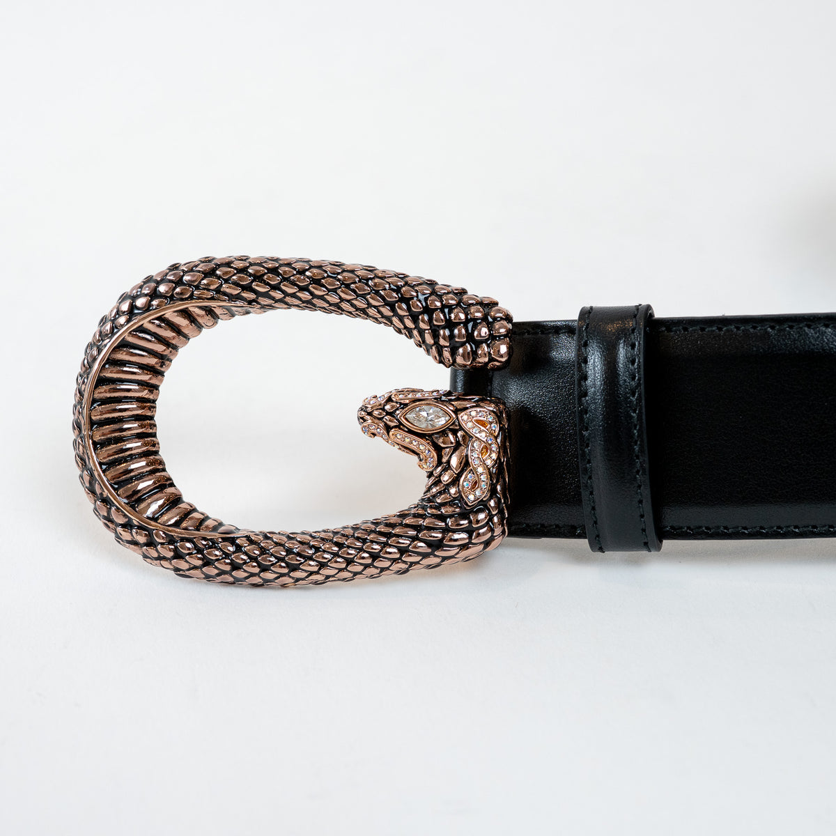 Gucci Black Leather Crystal Embellished Snake Buckle Belt Size 105