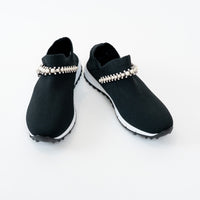 Jimmy Choo Verona Black Knit slip-on shoes with faux pearl and crystal details on a white background
