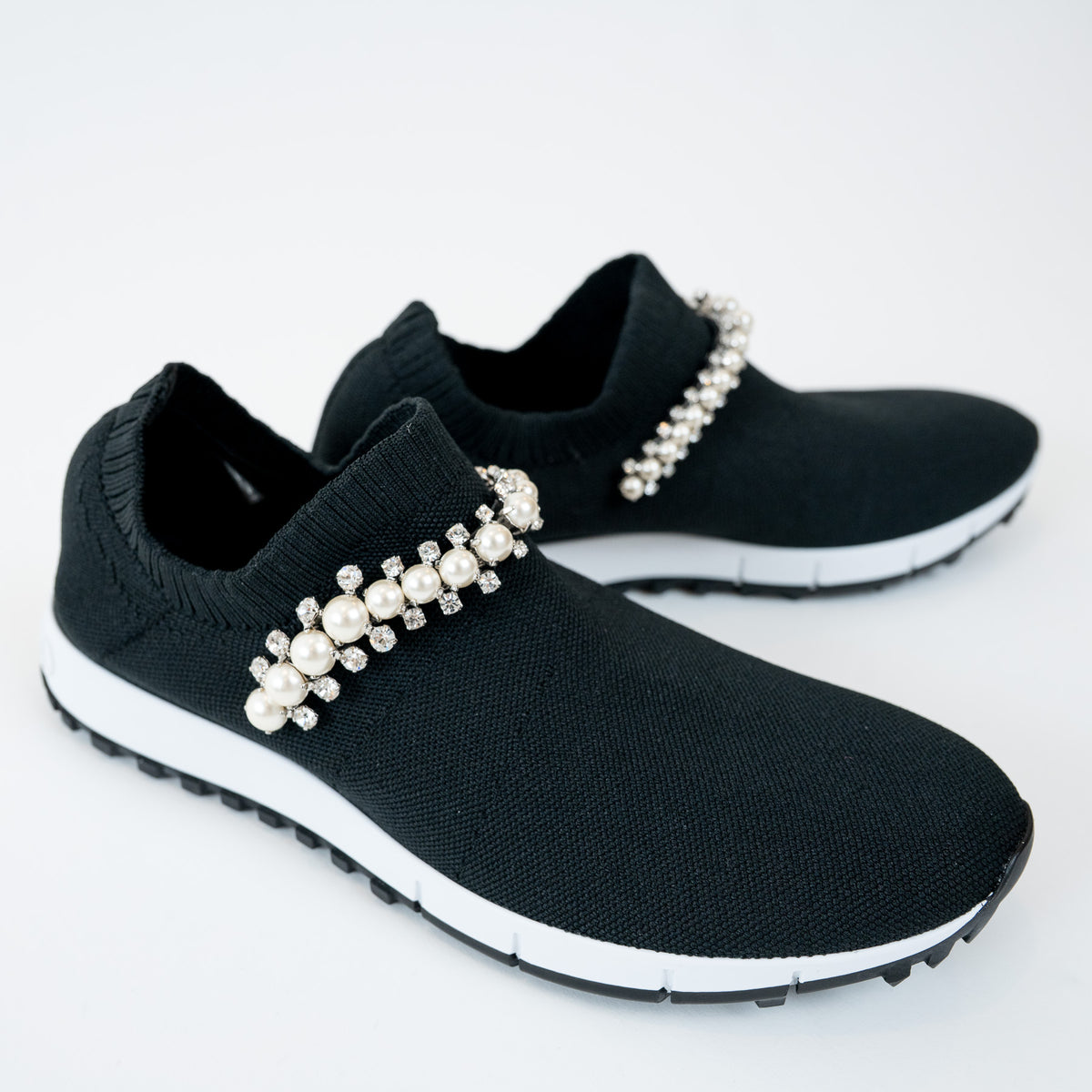 Jimmy Choo Black Knit Verona Crystal and Faux Pearl Detail Sock Sneakers Size 36.5