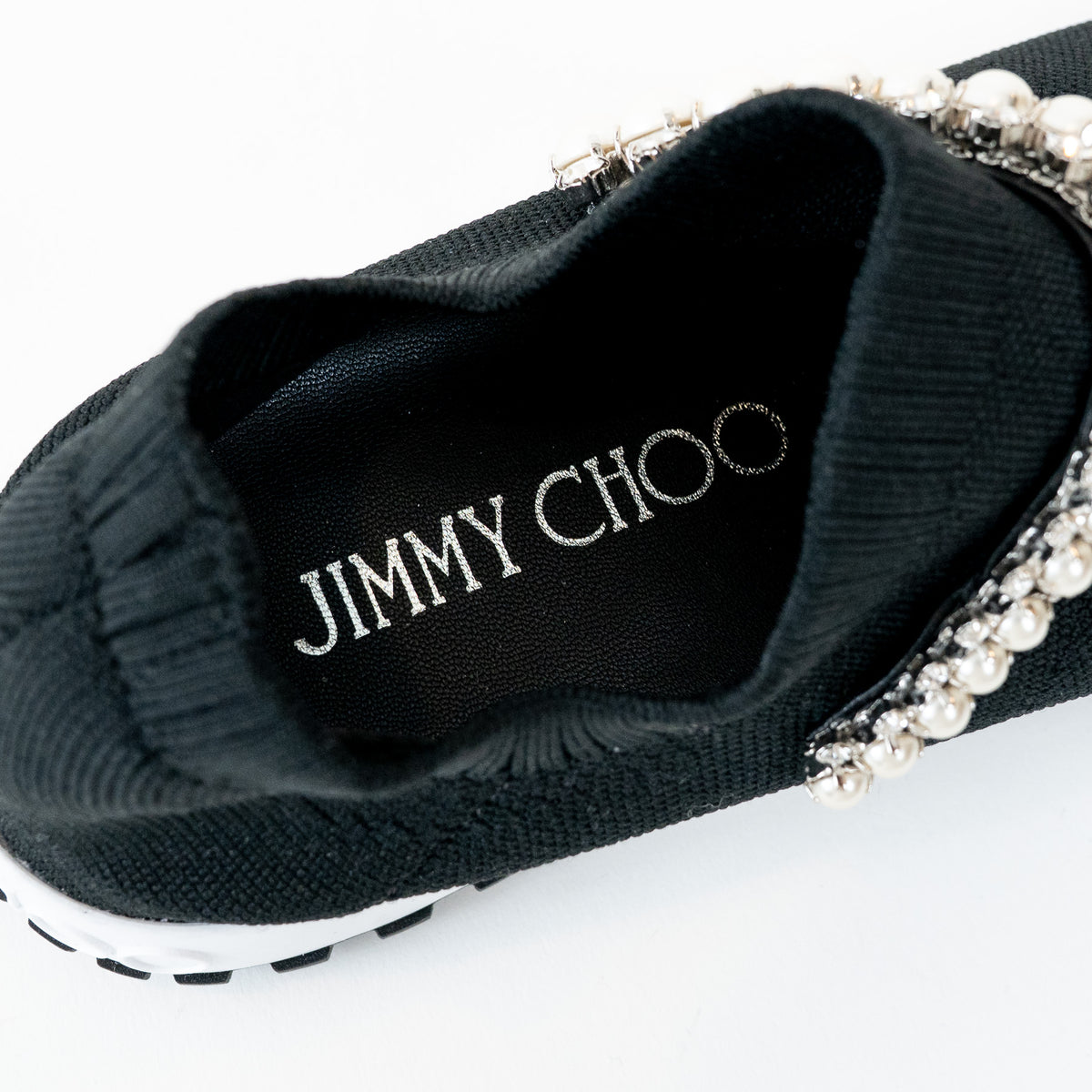 Jimmy Choo Black Knit Verona Crystal and Faux Pearl Detail Sock Sneakers Size 36.5