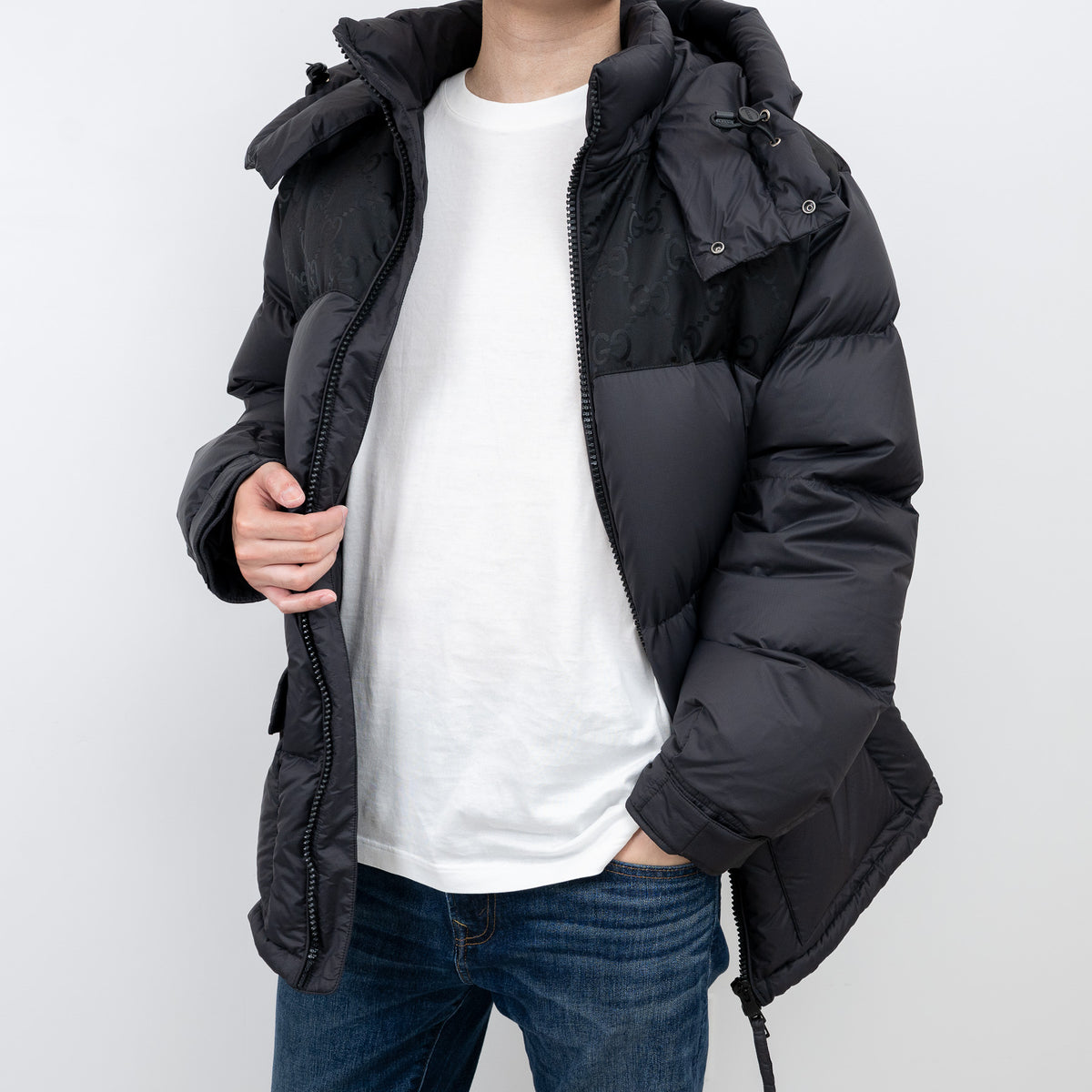 Gucci Black Puffer Jacket With Monogram Details Size 48