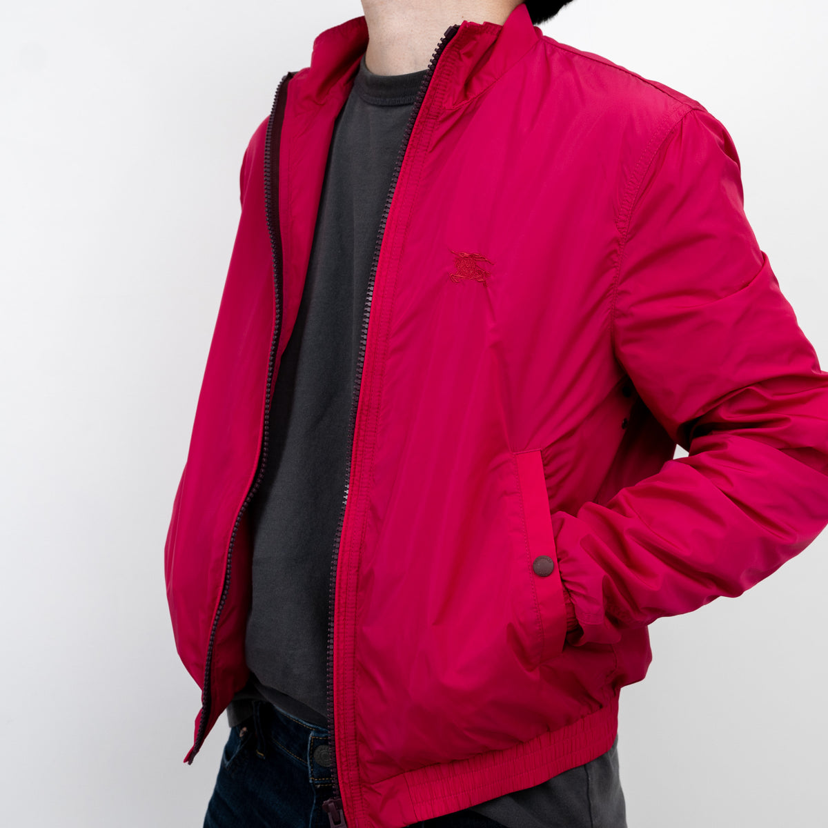 Burberry Pink Nylon Bomber Jacket with Ribbed Details Size M